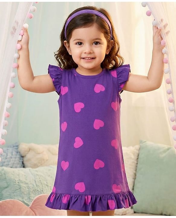 Babyhug Cotton Knit Half Sleeves Hearts Printed Nighty - Purple