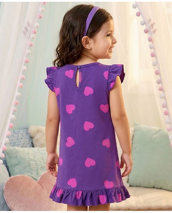 Babyhug Cotton Knit Half Sleeves Hearts Printed Nighty - Purple