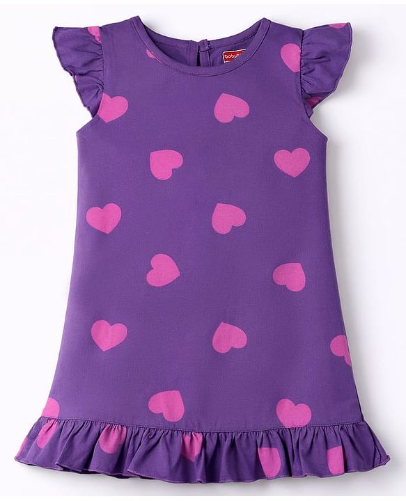 Babyhug Cotton Knit Half Sleeves Hearts Printed Nighty - Purple