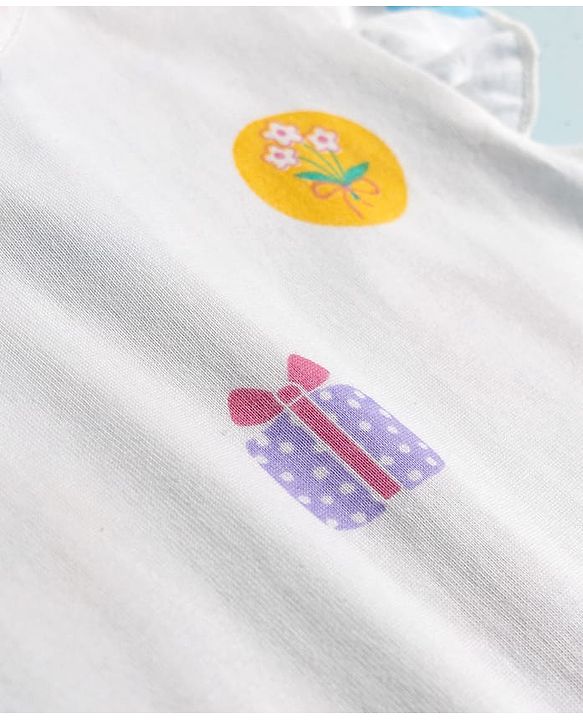 Babyhug Cotton Knit Half Sleeves Nighty With Floral & Gift Print - White