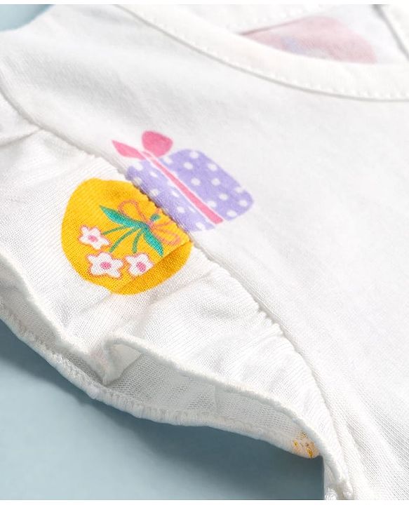 Babyhug Cotton Knit Half Sleeves Nighty With Floral & Gift Print - White