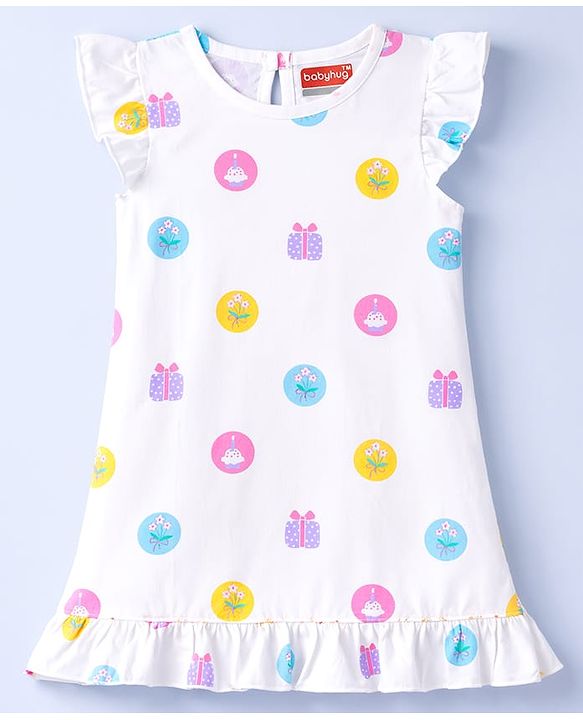 Babyhug Cotton Knit Half Sleeves Nighty With Floral & Gift Print - White