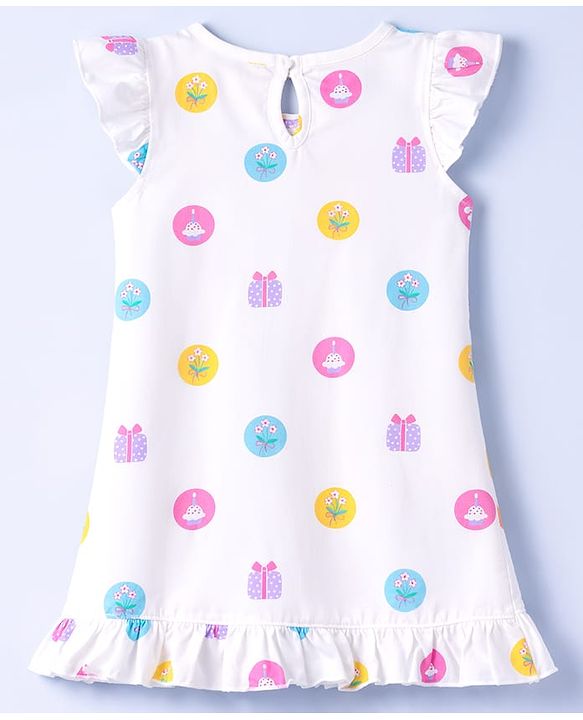 Babyhug Cotton Knit Half Sleeves Nighty With Floral & Gift Print - White