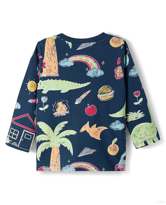 Babyhug Cotton Knit Full Sleeves Co-ords T-Shirt & Pajama Night Suit with Jungle Theme Print - Navy Blue