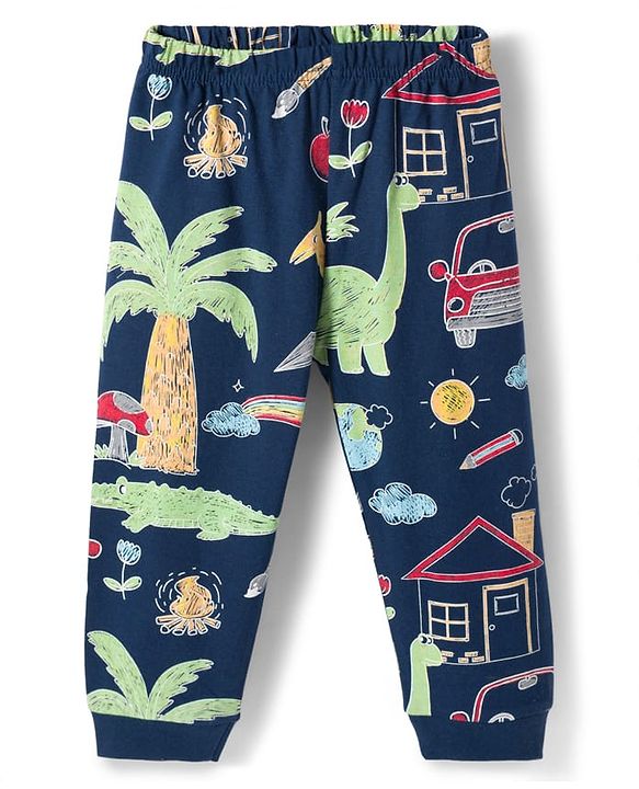 Babyhug Cotton Knit Full Sleeves Co-ords T-Shirt & Pajama Night Suit with Jungle Theme Print - Navy Blue