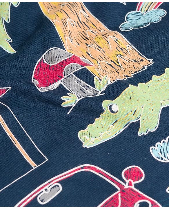 Babyhug Cotton Knit Full Sleeves Co-ords T-Shirt & Pajama Night Suit with Jungle Theme Print - Navy Blue