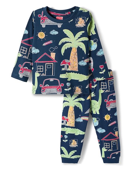 Babyhug Cotton Knit Full Sleeves Co-ords T-Shirt & Pajama Night Suit with Jungle Theme Print - Navy Blue