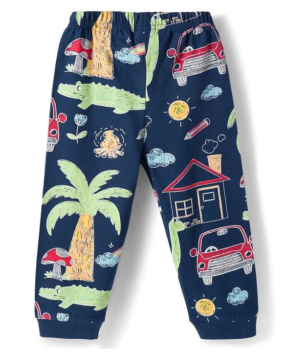 Babyhug Cotton Knit Full Sleeves Co-ords T-Shirt & Pajama Night Suit with Jungle Theme Print - Navy Blue