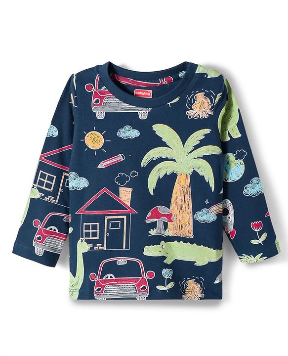 Babyhug Cotton Knit Full Sleeves Co-ords T-Shirt & Pajama Night Suit with Jungle Theme Print - Navy Blue