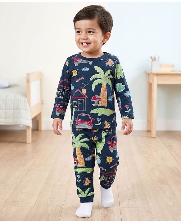 Babyhug Cotton Knit Full Sleeves Co-ords T-Shirt & Pajama Night Suit with Jungle Theme Print - Navy Blue