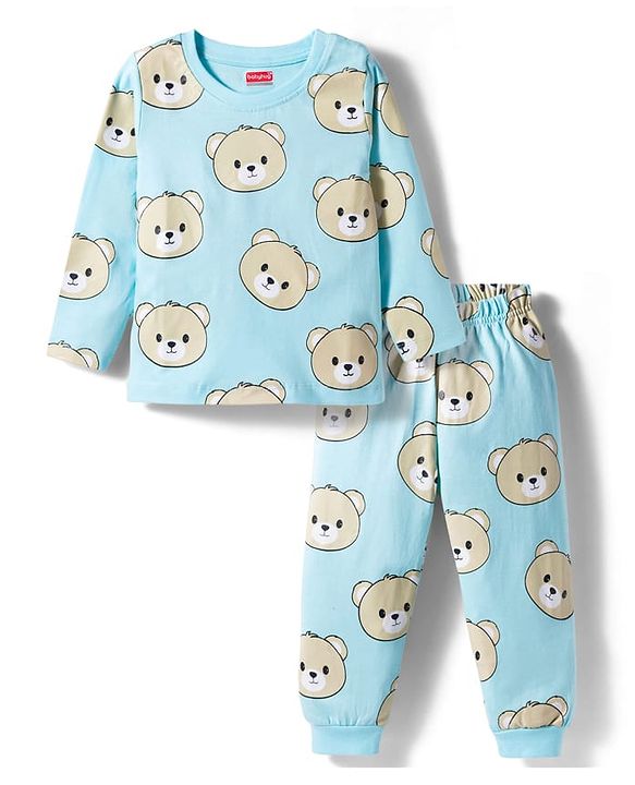 Babyhug Cotton Knit Full Sleeves Co-ords T-Shirt & Pajama Night Suit with Bear Print - Light Blue