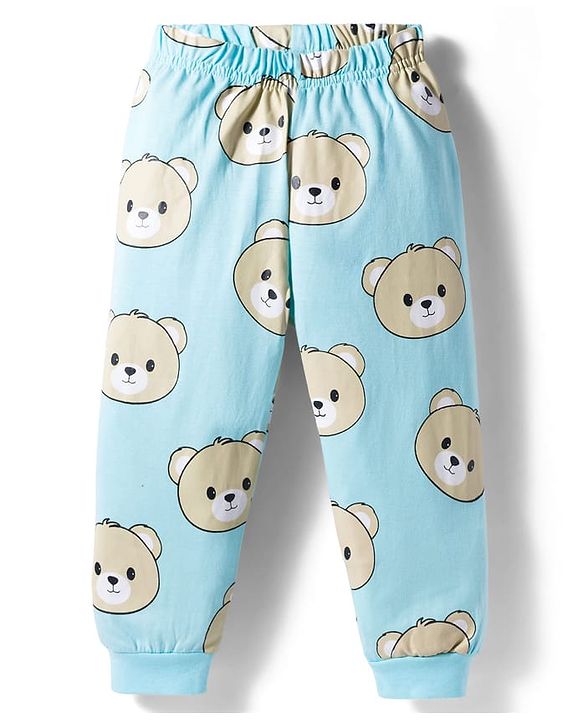 Babyhug Cotton Knit Full Sleeves Co-ords T-Shirt & Pajama Night Suit with Bear Print - Light Blue