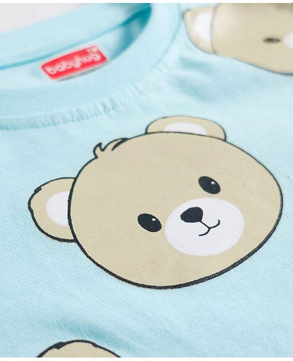 Babyhug Cotton Knit Full Sleeves Co-ords T-Shirt & Pajama Night Suit with Bear Print - Light Blue