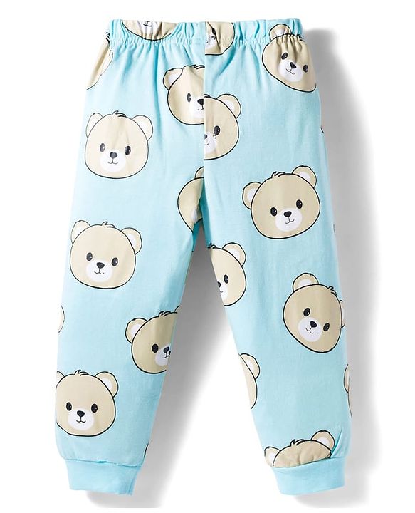 Babyhug Cotton Knit Full Sleeves Co-ords T-Shirt & Pajama Night Suit with Bear Print - Light Blue