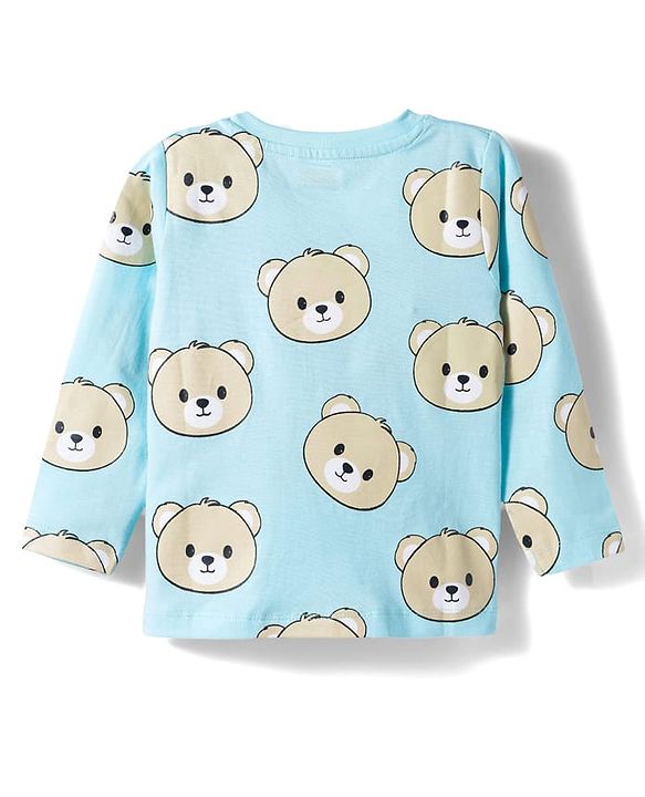 Babyhug Cotton Knit Full Sleeves Co-ords T-Shirt & Pajama Night Suit with Bear Print - Light Blue