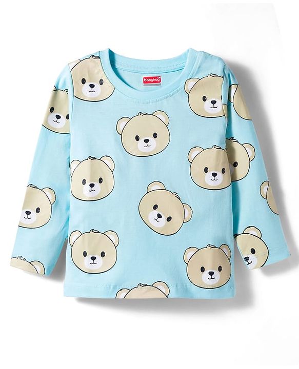Babyhug Cotton Knit Full Sleeves Co-ords T-Shirt & Pajama Night Suit with Bear Print - Light Blue