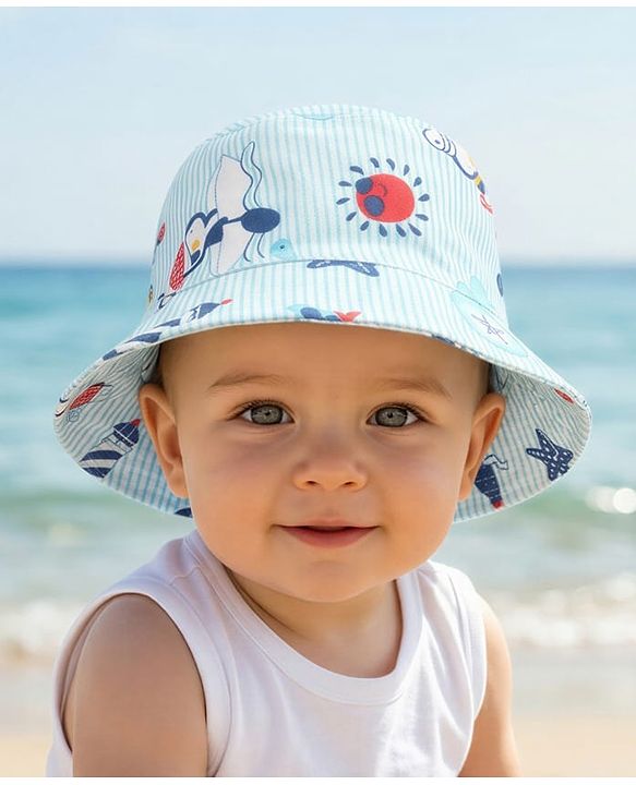 Babyhug Cotton Woven Summer Hat With Penguin Print Multicolor - Diameter 14 cm