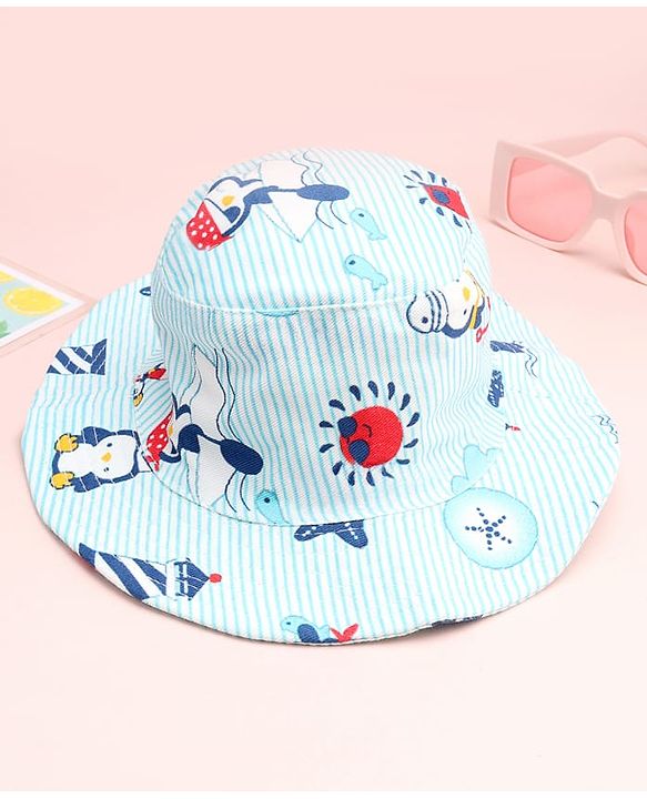 Babyhug Cotton Woven Summer Hat With Penguin Print Multicolor - Diameter 14 cm