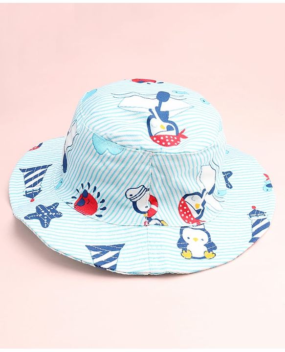 Babyhug Cotton Woven Summer Hat With Penguin Print Multicolor - Diameter 14 cm