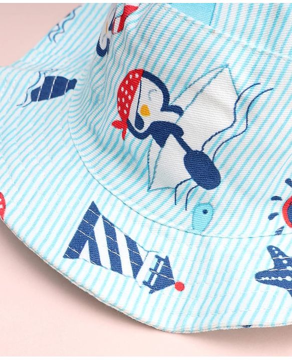 Babyhug Cotton Woven Summer Hat With Penguin Print Multicolor - Diameter 14 cm