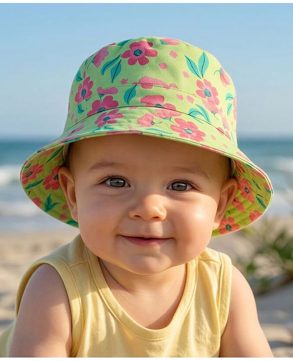 Babyhug Cotton Woven Summer Hat With Floral Print Green - Diameter 14 cm