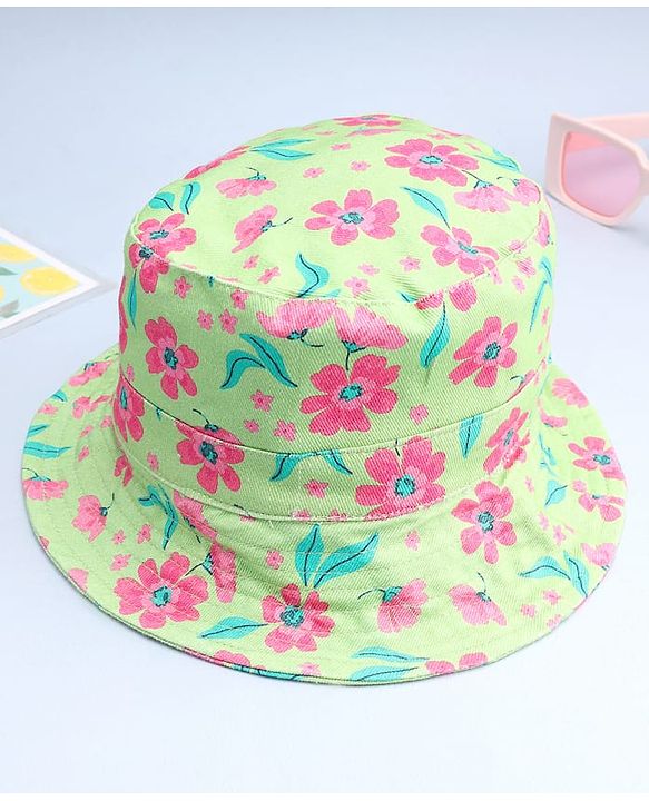 Babyhug Cotton Woven Summer Hat With Floral Print Green - Diameter 14 cm