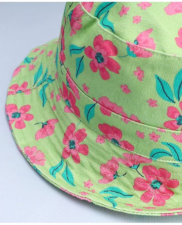 Babyhug Cotton Woven Summer Hat With Floral Print Green - Diameter 14 cm