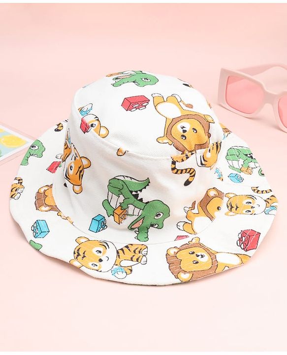Babyhug Cotton Woven Summer Hat With Animal Print White - Diameter 14 cm