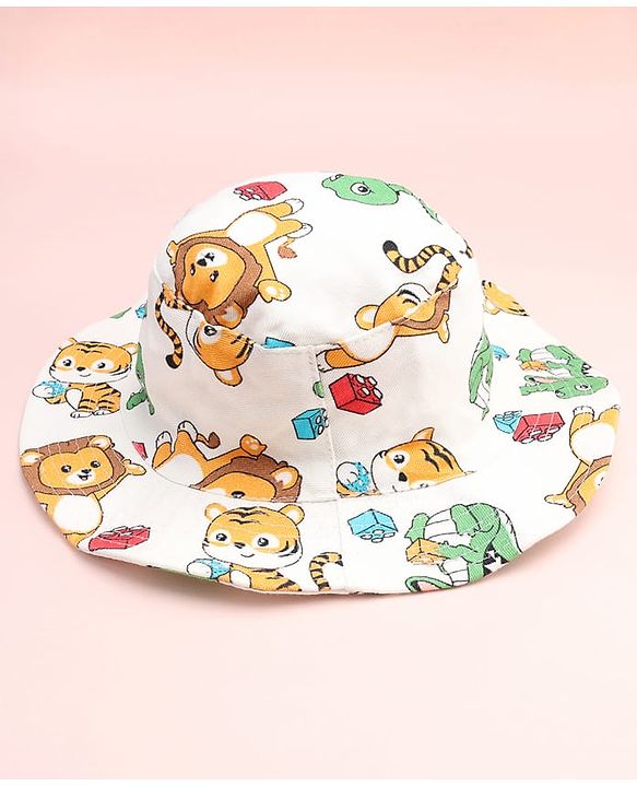 Babyhug Cotton Woven Summer Hat With Animal Print White - Diameter 14 cm