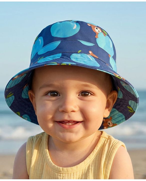 Babyhug Cotton Woven Summer Hat With Teddy Bear Print Navy Blue - Diameter 16 cm
