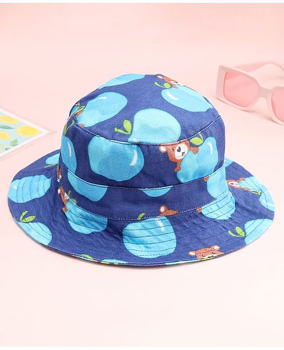 Babyhug Cotton Woven Summer Hat With Teddy Bear Print Navy Blue - Diameter 16 cm