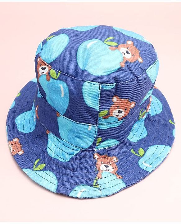 Babyhug Cotton Woven Summer Hat With Teddy Bear Print Navy Blue - Diameter 16 cm