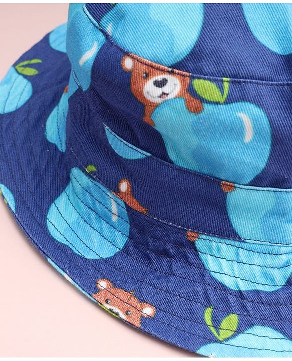 Babyhug Cotton Woven Summer Hat With Teddy Bear Print Navy Blue - Diameter 16 cm
