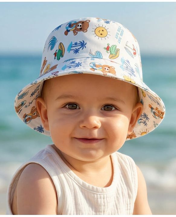 Babyhug Cotton Woven Summer Hat With Animal Print White - Diameter 14 cm