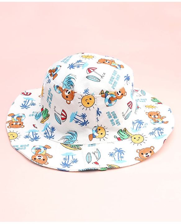 Babyhug Cotton Woven Summer Hat With Animal Print White - Diameter 14 cm