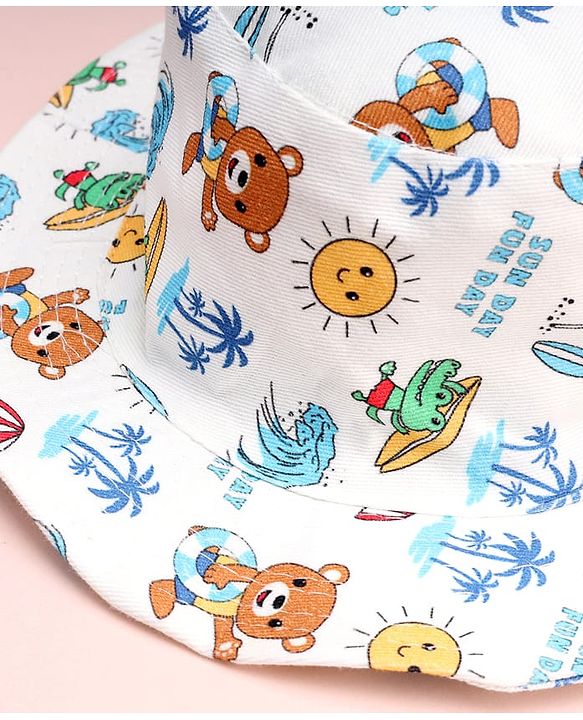 Babyhug Cotton Woven Summer Hat With Animal Print White - Diameter 14 cm