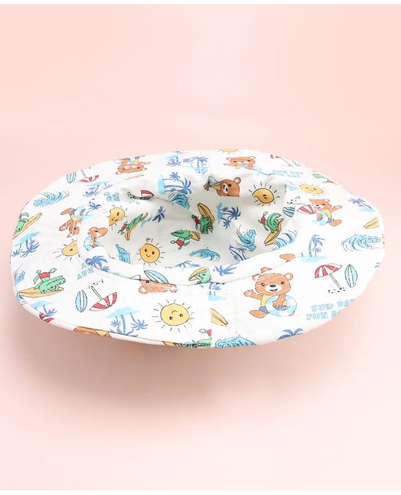 Babyhug Cotton Woven Summer Hat With Animal Print White - Diameter 14 cm