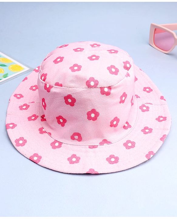 Babyhug Cotton Woven Summer Hat With Floral Print Pink - Diameter 14 cm