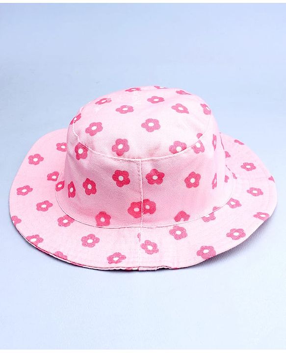 Babyhug Cotton Woven Summer Hat With Floral Print Pink - Diameter 14 cm
