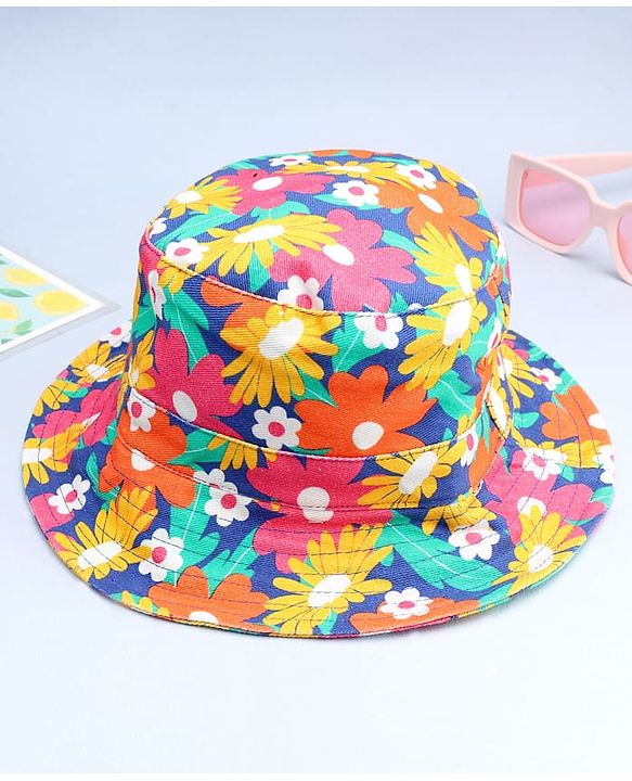 Babyhug 100% Cotton Woven Summer Hat With Floral Print Navy Blue - Diameter 16 cm