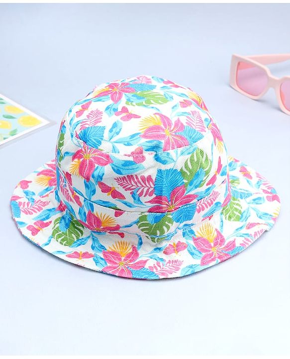 Babyhug Cotton Woven Summer Hat With Floral Print White - Diameter 16 cm