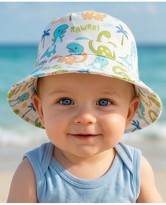 Babyhug Cotton Woven Summer Hat With Dino Print White - Diameter 16 cm