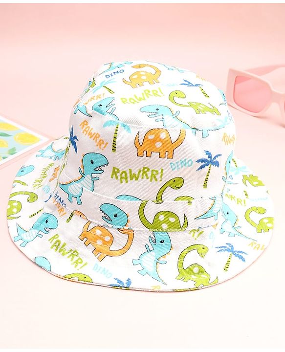 Babyhug Cotton Woven Summer Hat With Dino Print White - Diameter 16 cm