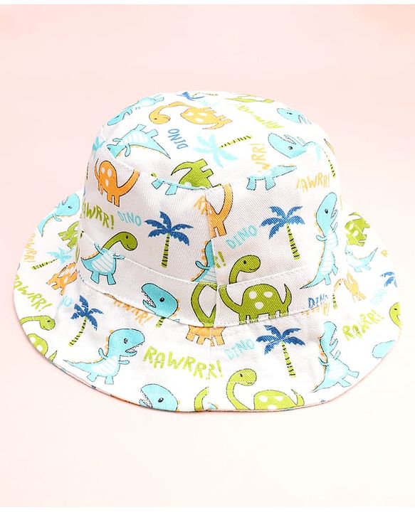 Babyhug Cotton Woven Summer Hat With Dino Print White - Diameter 16 cm