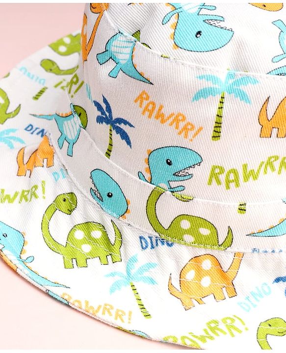 Babyhug Cotton Woven Summer Hat With Dino Print White - Diameter 16 cm