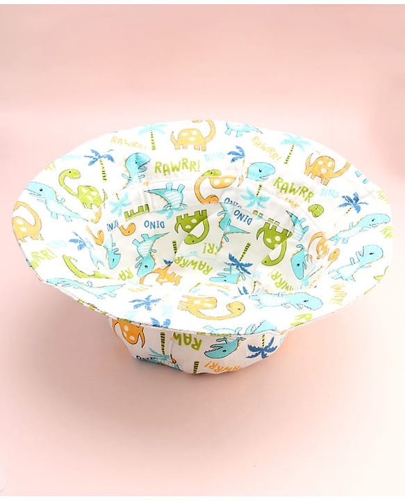 Babyhug Cotton Woven Summer Hat With Dino Print White - Diameter 16 cm