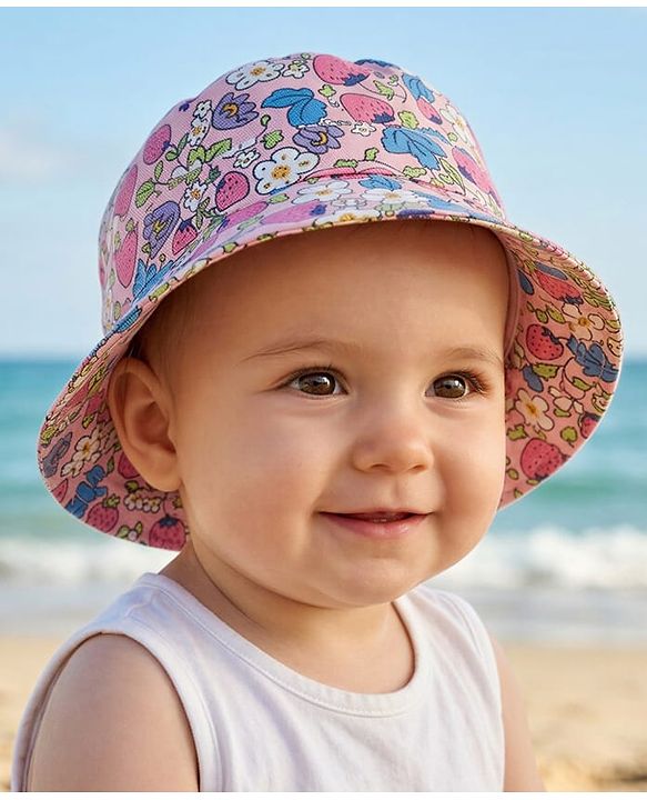 Babyhug Cotton Woven Summer Hat With Floral Print Pink - Diameter 14 cm