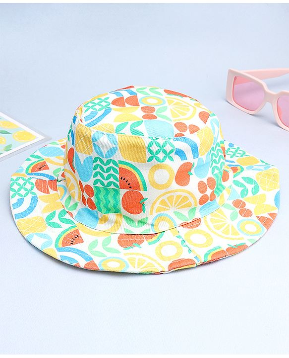 Babyhug Cotton Woven Summer Hat With Fruit Print Multicolor - Diameter 14 cm