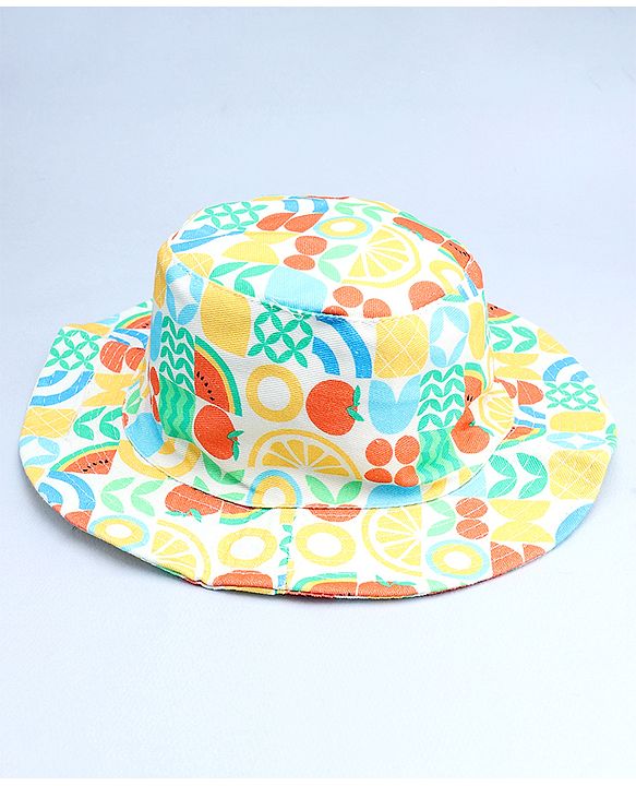 Babyhug Cotton Woven Summer Hat With Fruit Print Multicolor - Diameter 14 cm