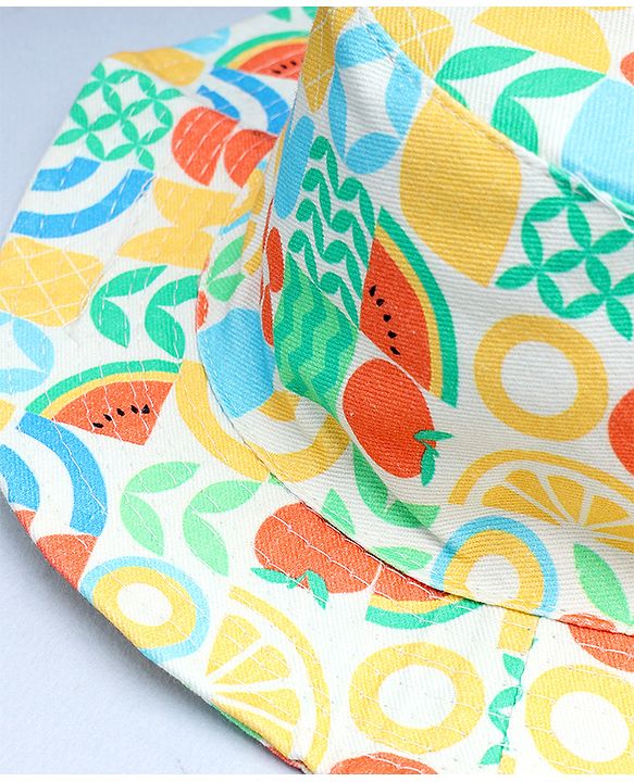 Babyhug Cotton Woven Summer Hat With Fruit Print Multicolor - Diameter 14 cm